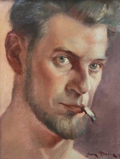1940's French Oil Painting Portrait of Man Smoking Cigarette Self Portrait