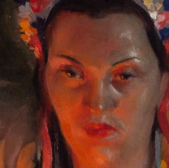 1943 óleo expansivo de una dama con traje tradicional francés, rojos