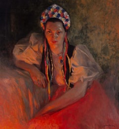 1943 expansive oil painting of a lady in traditional French costume, reds 