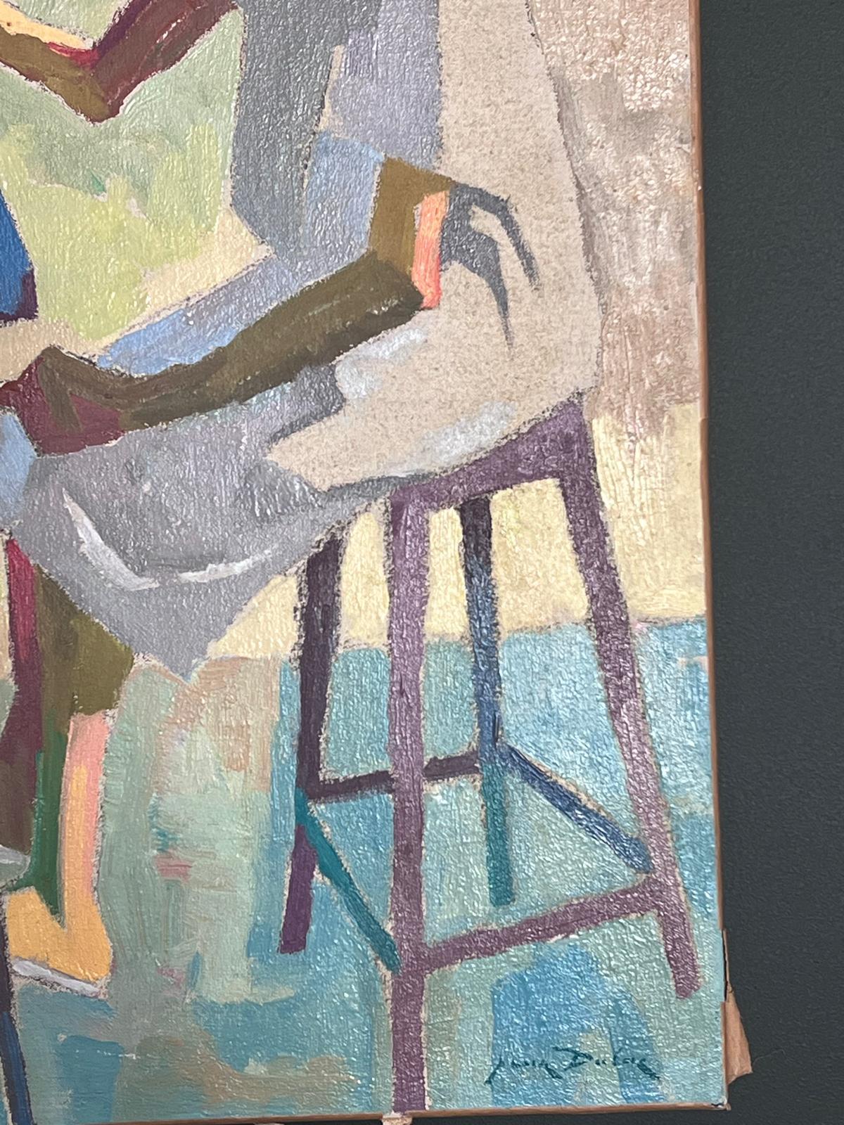 1950s Pintura al óleo francesa post-impresionista Autorretrato Artista en el caballete - Painting Posimpresionista de Jean Dulac