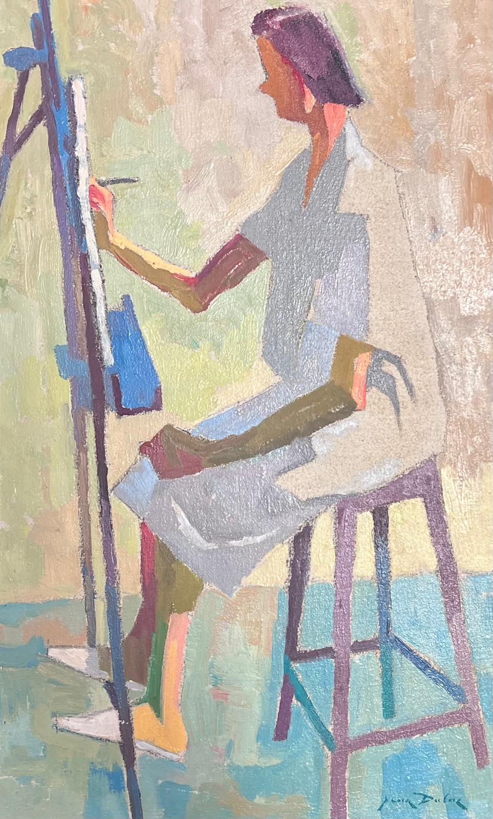 1950s Pintura al óleo francesa post-impresionista Autorretrato Artista en el caballete - Figurative Painting Gris de Jean Dulac
