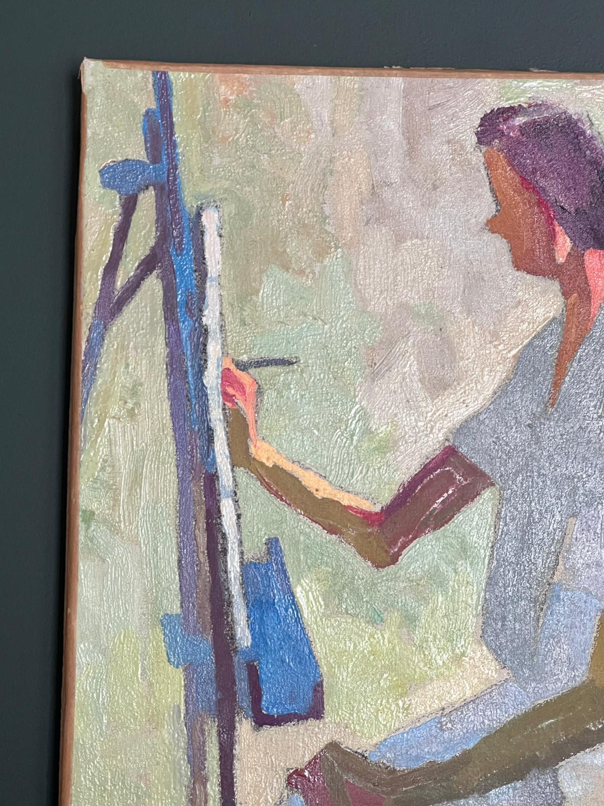 1950s Pintura al óleo francesa post-impresionista Autorretrato Artista en el caballete en venta 2