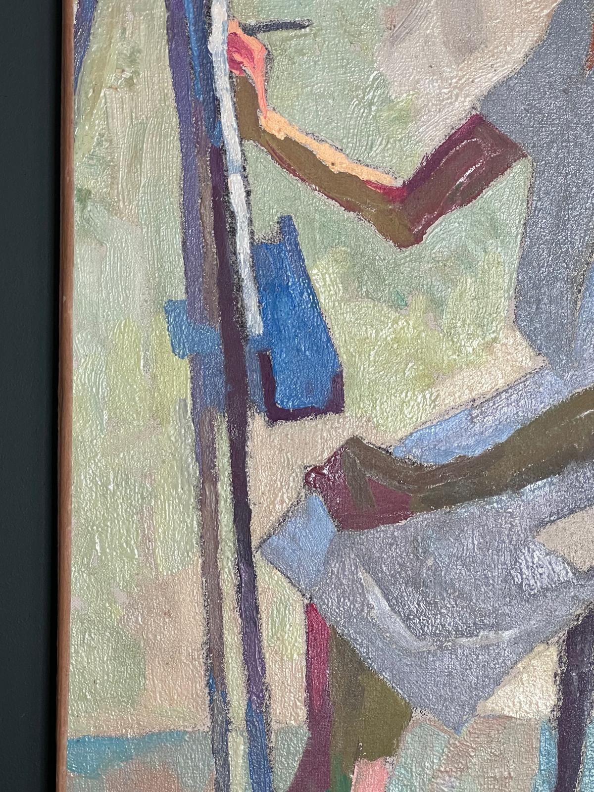 1950s Pintura al óleo francesa post-impresionista Autorretrato Artista en el caballete en venta 3