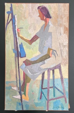 1950s French Post Impressionist Oil Painting Self Portrait Artist at Easel