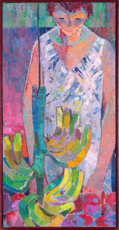 Peinture post-impressionniste de 1960 représentant une dame arrangeant des bananes