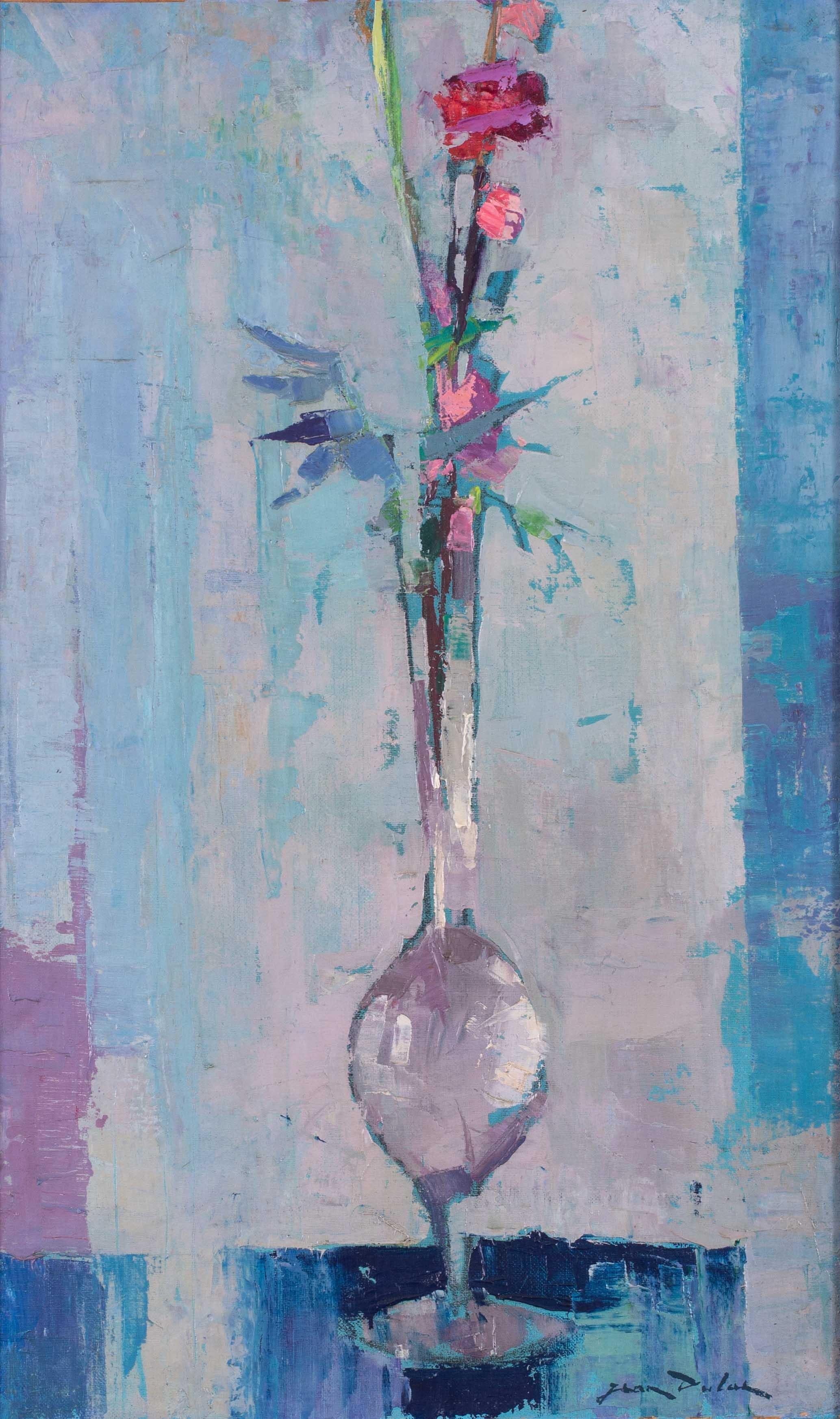 1961 Post Impressionist still life painting of flowers in a stemmed glass, blue - Painting by Jean Dulac