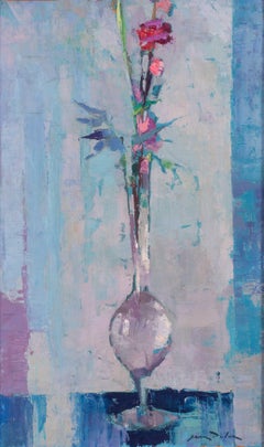 1961 Post Impressionist still life painting of flowers in a stemmed glass, blue