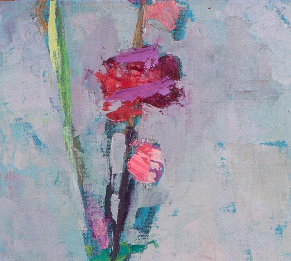 This stunning original Post-Impressionist oil painting portrays a vase of flowers against blue and mauve hues in bold, broad brushstrokes by Lyonnaise artist Jean Dulac.

Jean Dulac was born on Bourgoin but from the age of 5 became a lifelong
