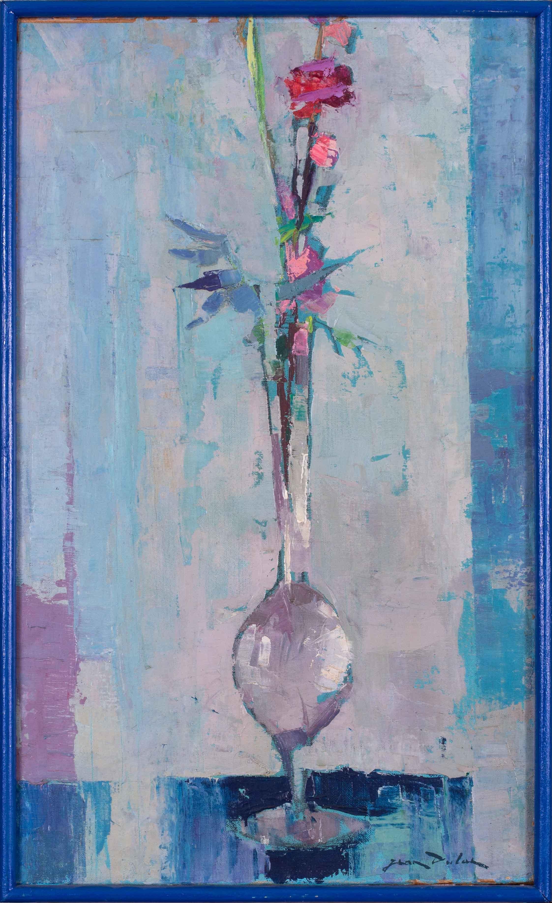Jean Dulac Still-Life Painting - 1961 Post Impressionist still life painting of flowers in a stemmed glass, blue