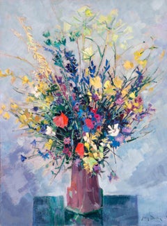 1962 Pintura francesa post-impresionista de bodegón de un jarrón de flores de Dulac