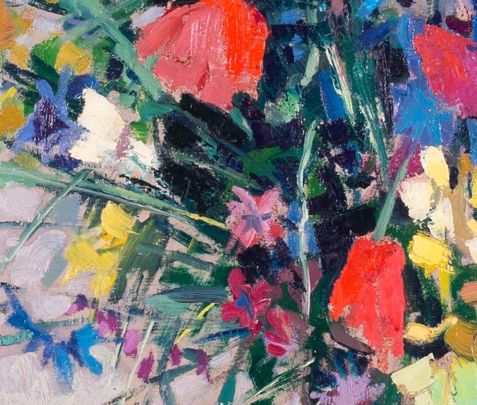 This stunning original Post-Impressionist oil painting features a vibrant vase of mixed summer blooms. 

Jean Dulac was born on Bourgoin but from the age of 5 became a lifelong resident of Lyon. His father was a photographer and his influence may