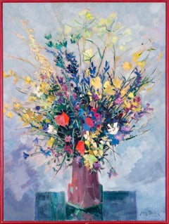 1962 Nature morte française post-impressionniste d'un vase de fleurs par Dulac