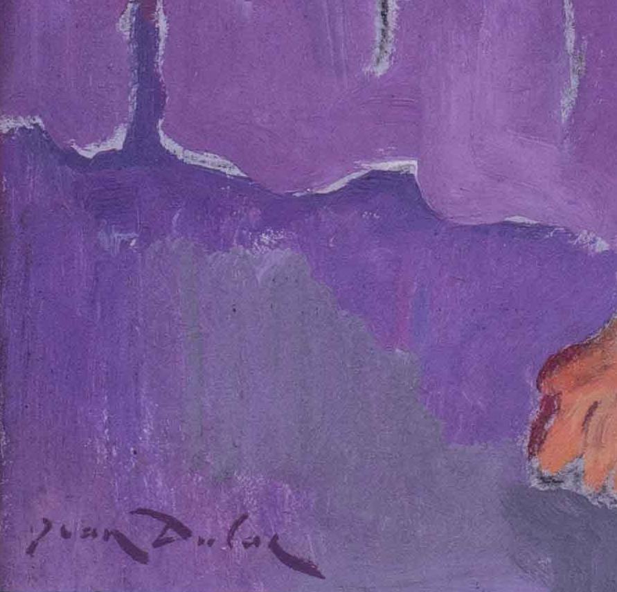1964 Post Impressionist painting of nude against a purple and yellow background - Painting by Jean Dulac