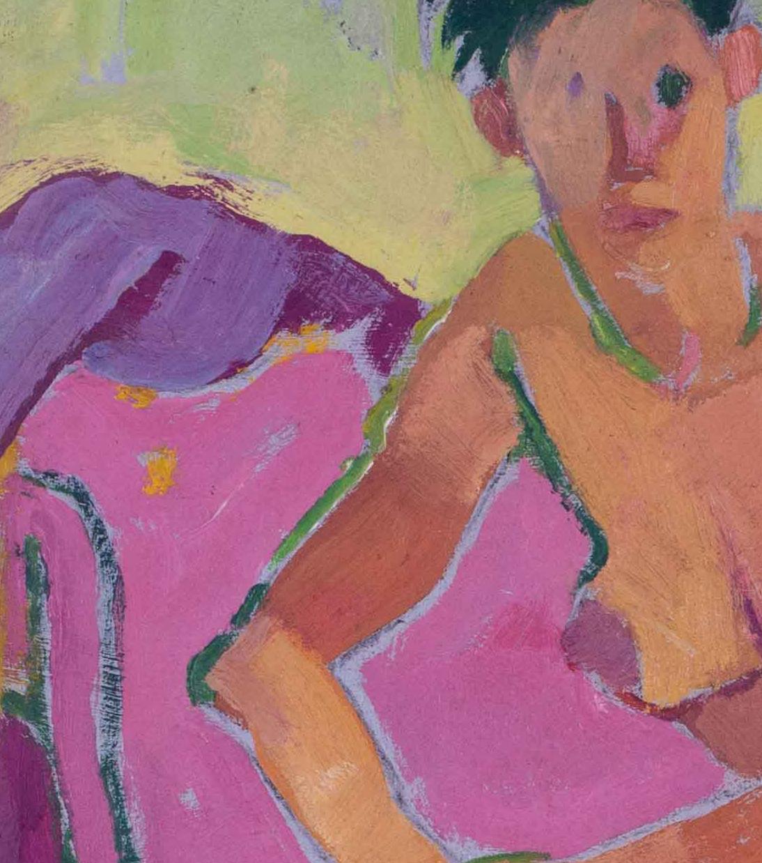 1964 Post Impressionist painting of nude against a purple and yellow background - Gray Nude Painting by Jean Dulac