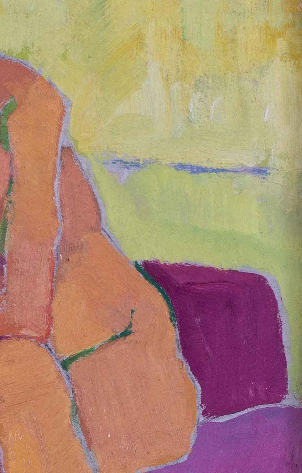 A very striking original Post-Impressionist oil painting of a seated nude by French artist Jean Dulac. The bold, broad brushstrokes contribute to the excitement of the piece, while the juxtaposition of strong pink and purple sofa creates a