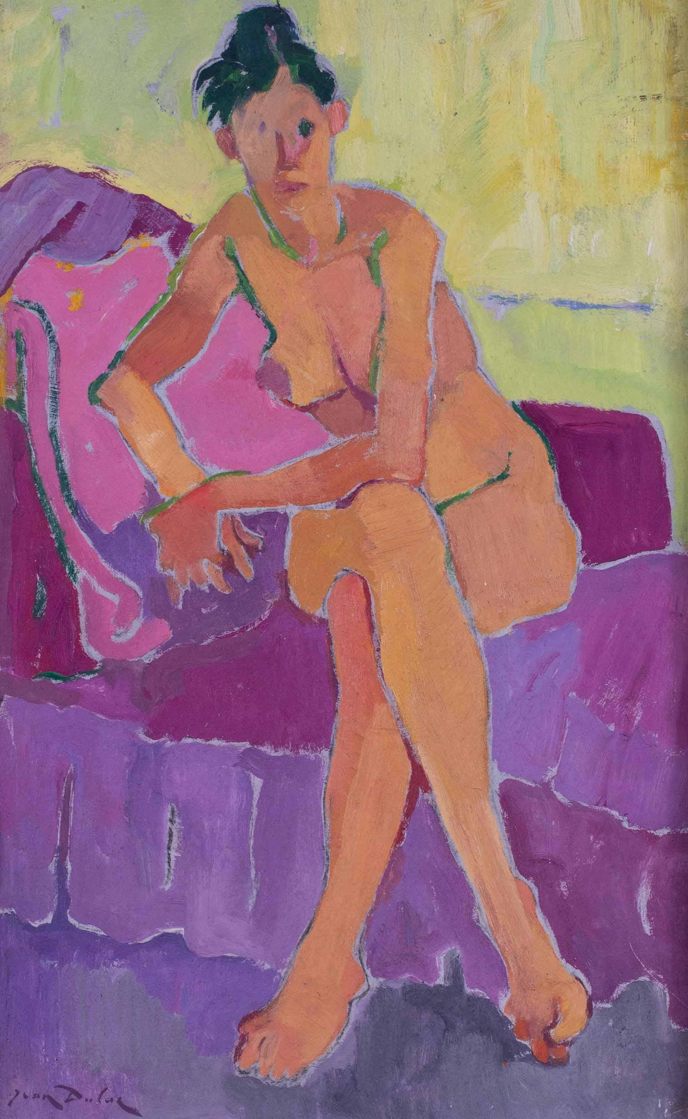 1964 Post Impressionist painting of nude against a purple and yellow background 1