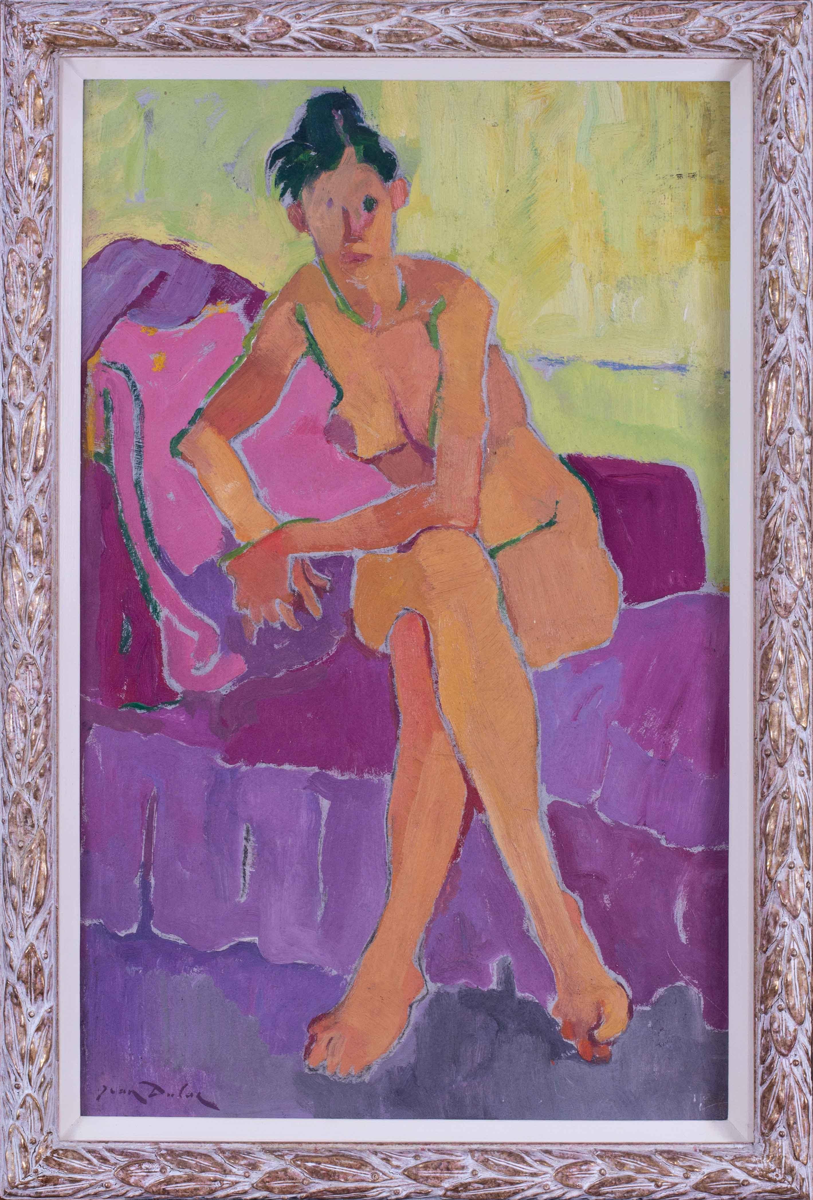 Jean Dulac Nude Painting - 1964 Post Impressionist painting of nude against a purple and yellow background