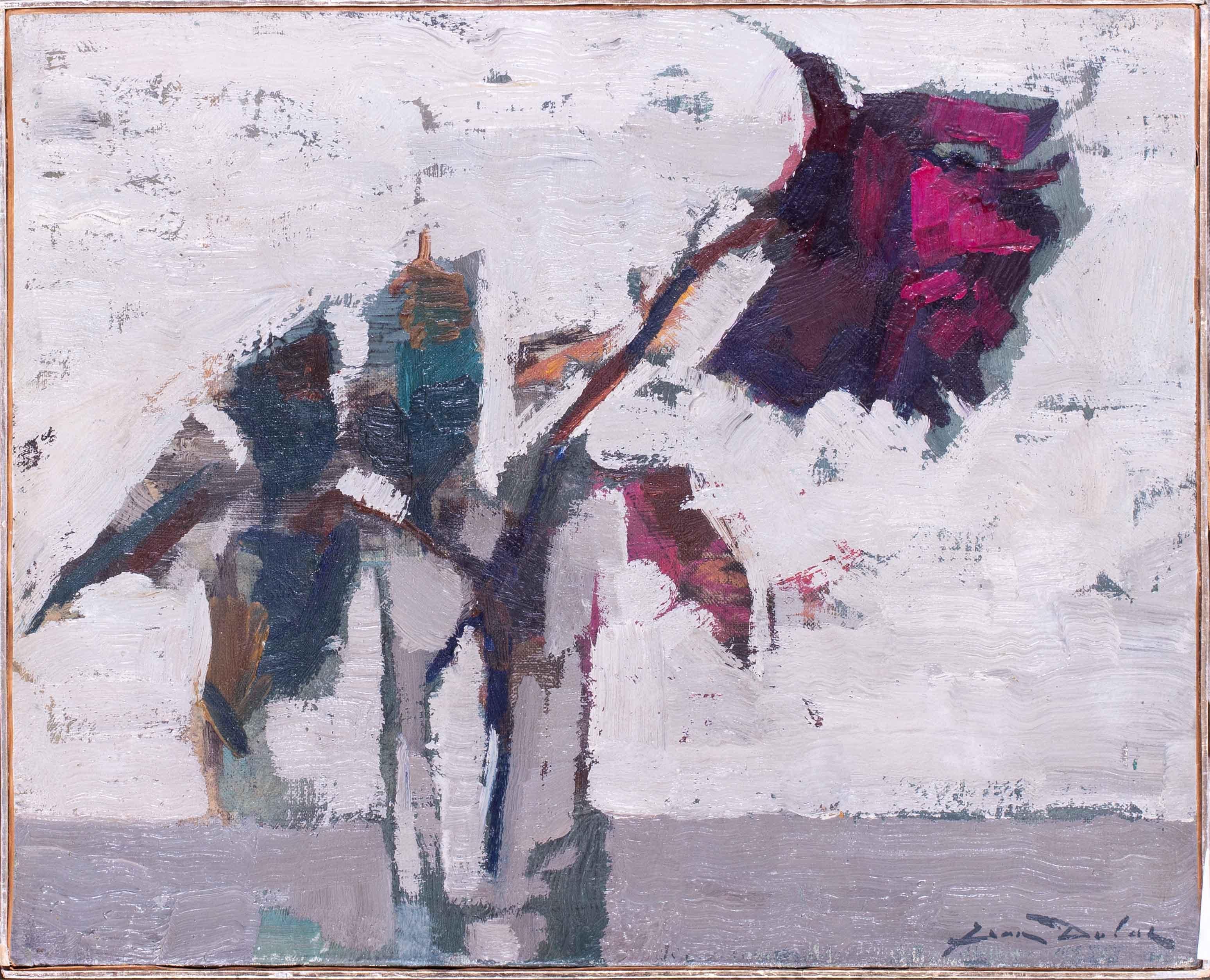 Jean Dulac Still-Life Painting – 1965 Postimpressionistisches französisches Stillleben mit einer Rose vor grauem Hintergrund