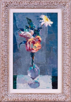 1965 Post Impressionist French still life painting of a vase of flowers