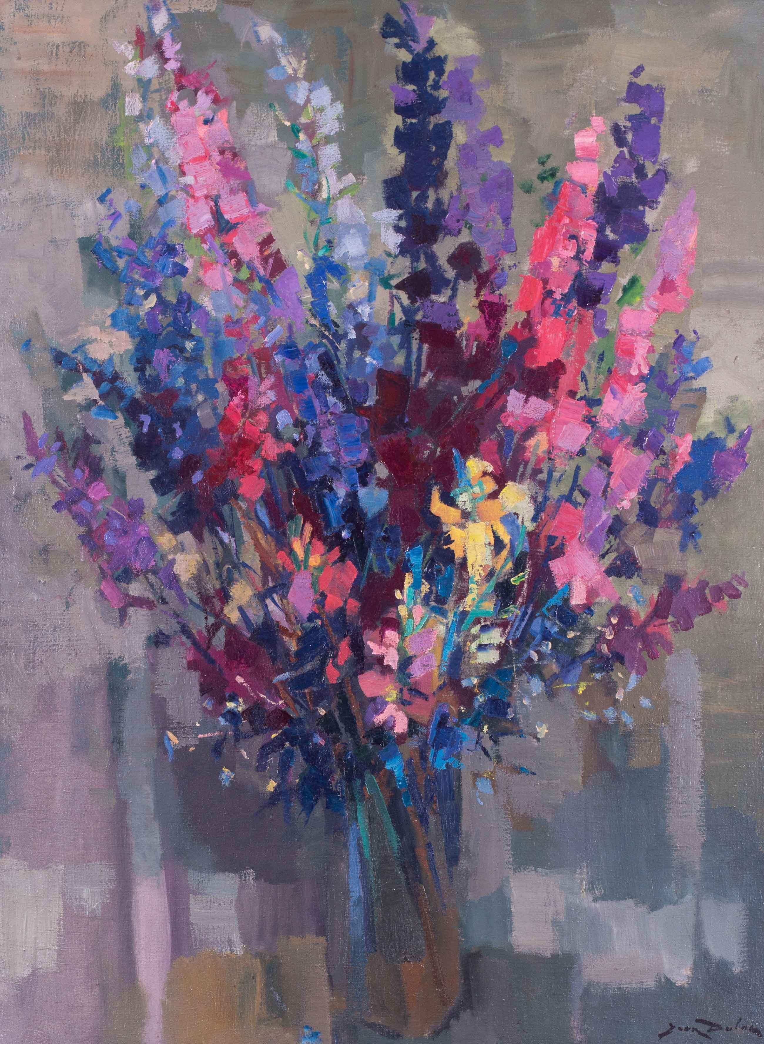 1965 Post Impressionist French still life painting of blue and pink wallflowers - Painting by Jean Dulac