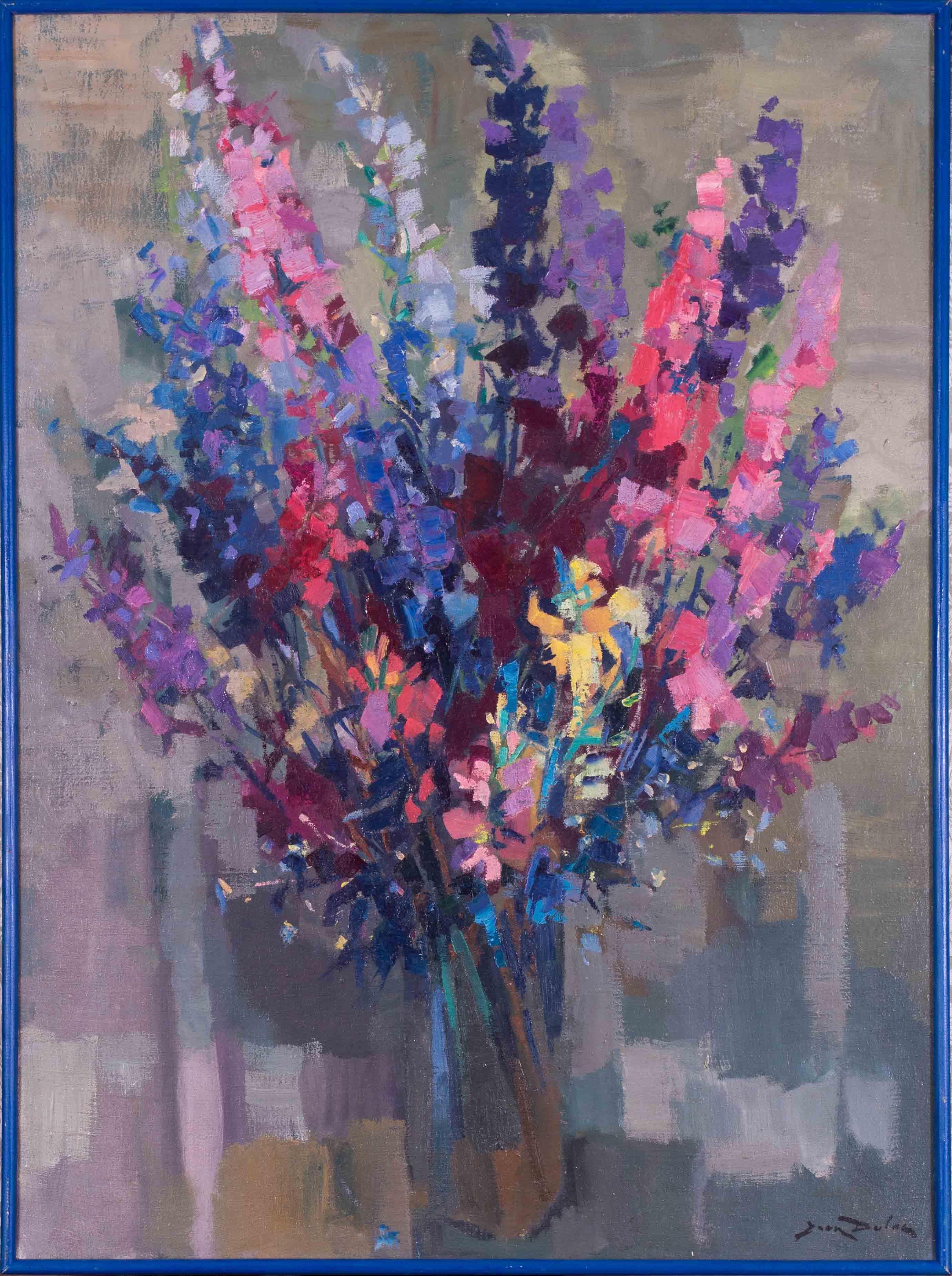 1965 Nature morte post-impressionniste française de fleurs bleues et roses