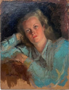 Fine peinture à l'huile post-impressionniste française des années 1940, portrait d'artiste modèle