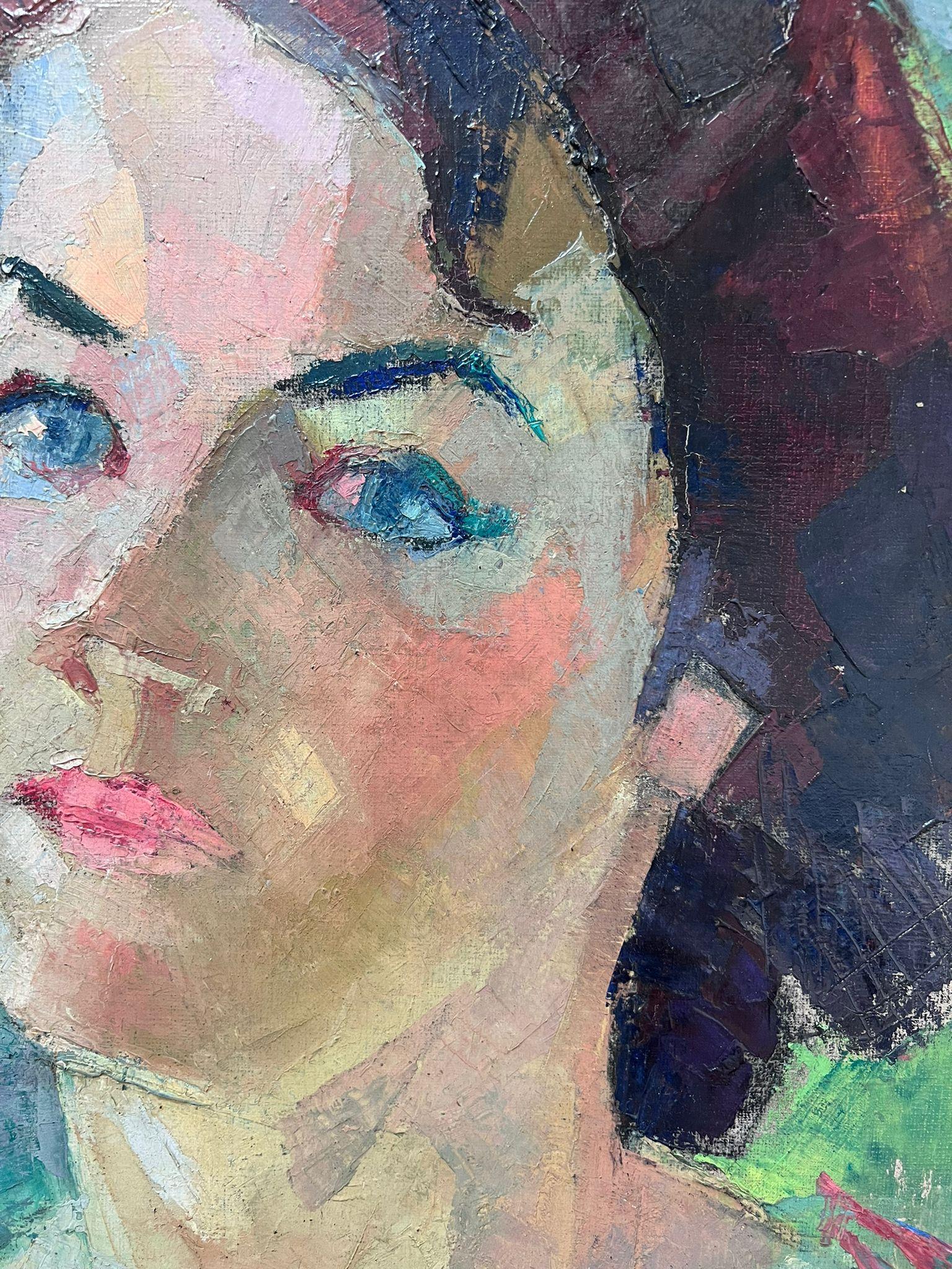 Portrait d'une femme
de Jean Dulac (1902-1968) *voir ci-dessous
signé
peinture à l'huile sur toile, non encadrée
toile : 16 x 13 pouces
provenance : collection privée, Lyon, France (ville d'origine de l'artiste). 
état : globalement très bon et sain
