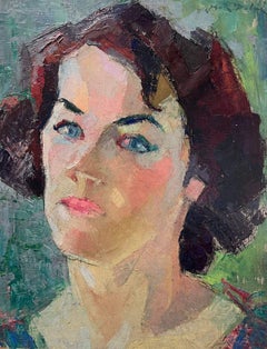 Raffinato dipinto ad olio post impressionista della metà del XX secolo Ritratto di signora