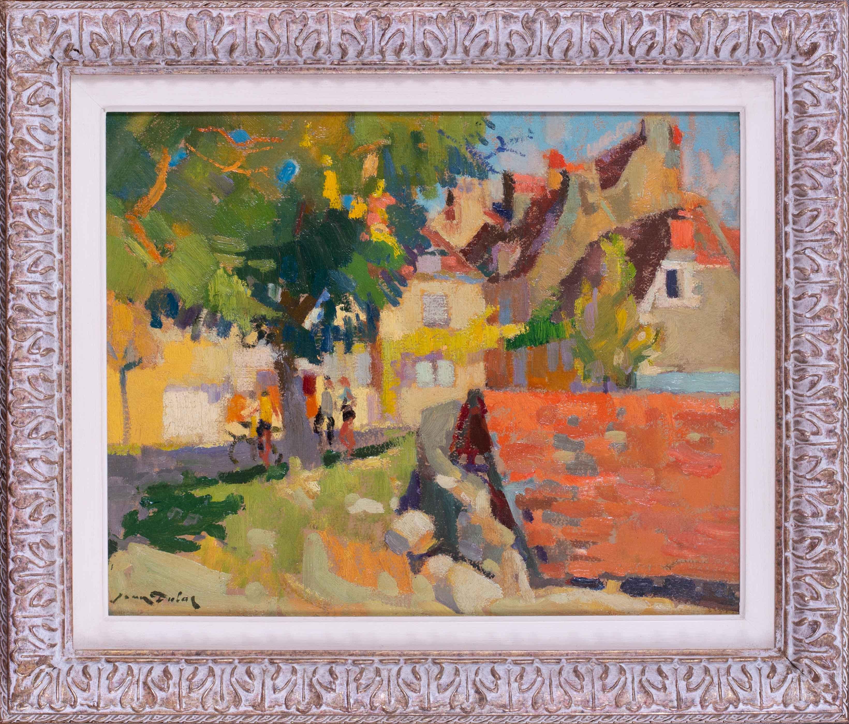 Ein sehr attraktives postimpressionistisches Landschaftsgemälde von Menschen in einem Dorf des Lyonnaiser Künstlers Jean Dulac.

Jean Dulac wurde in Bourgoin geboren, lebte aber seit seinem fünften Lebensjahr lebenslang in Lyon. Sein Vater war