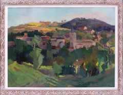 Vintage Post Impressionist French landscape oil painting of a village in Beaujolais