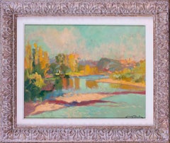 Peinture à l'huile française post-impressionniste d'un paysage avec un coucher de soleil par Jean Dulac