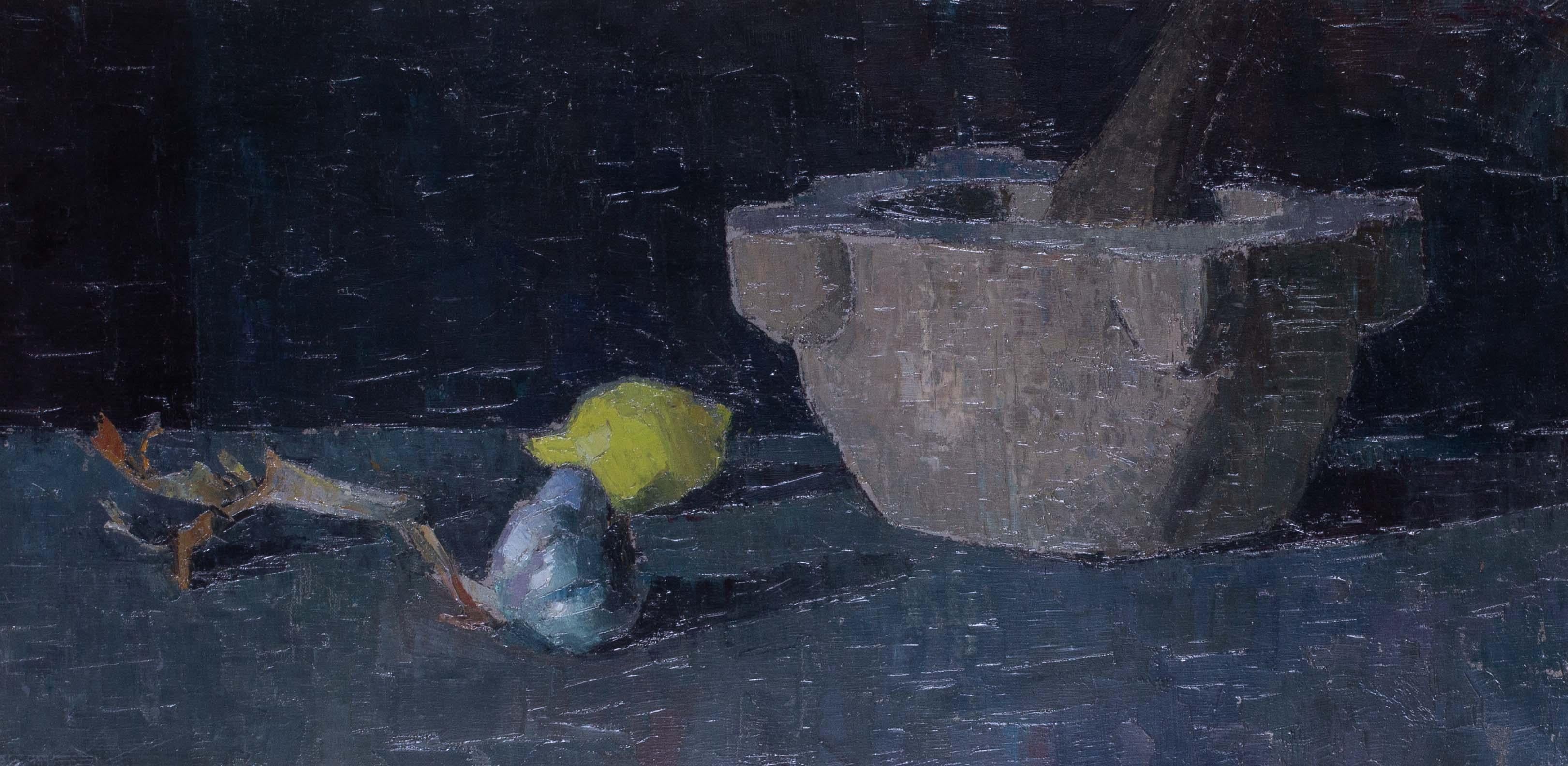 Post Impressionist French still life oil painting of lemon and garlic by Dulac - Painting by Jean Dulac