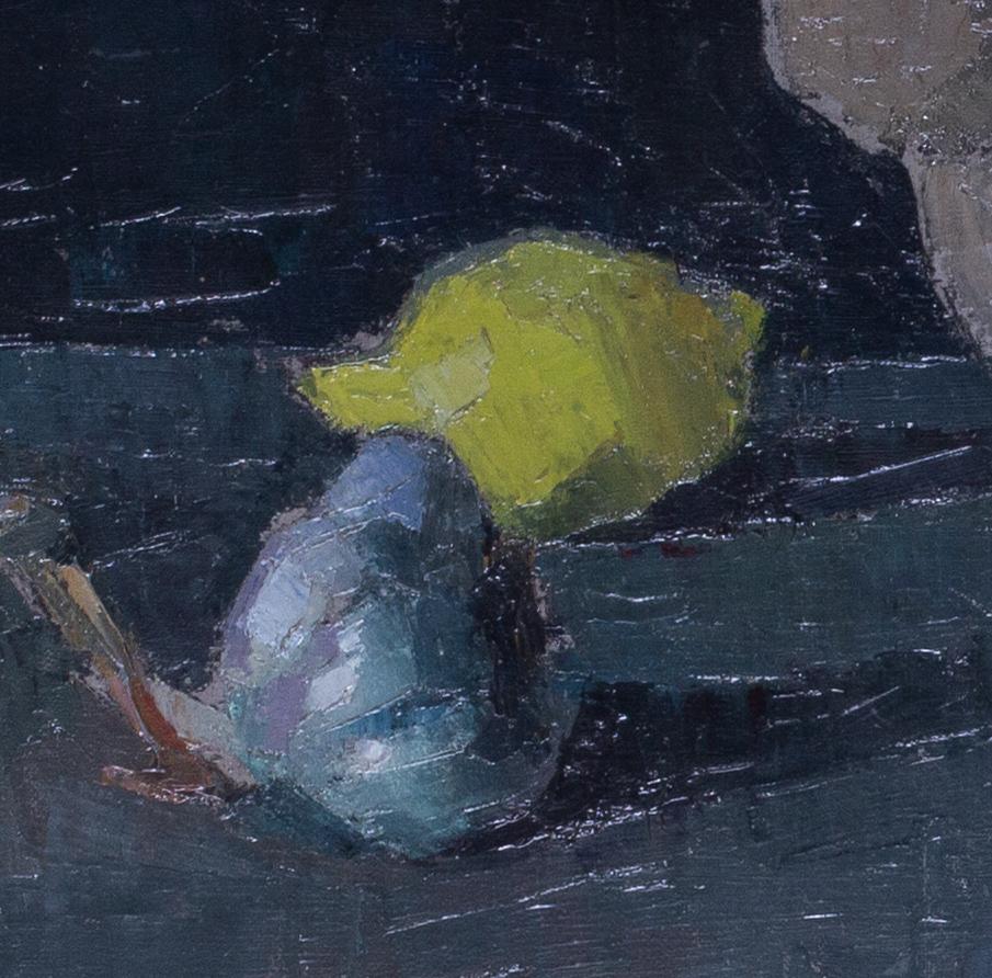 Post Impressionist French still life oil painting of lemon and garlic by Dulac - Post-Impressionist Painting by Jean Dulac