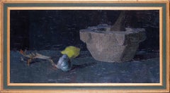 Nature morte française post-impressionniste au citron et à l'ail peinte à l'huile par Dulac