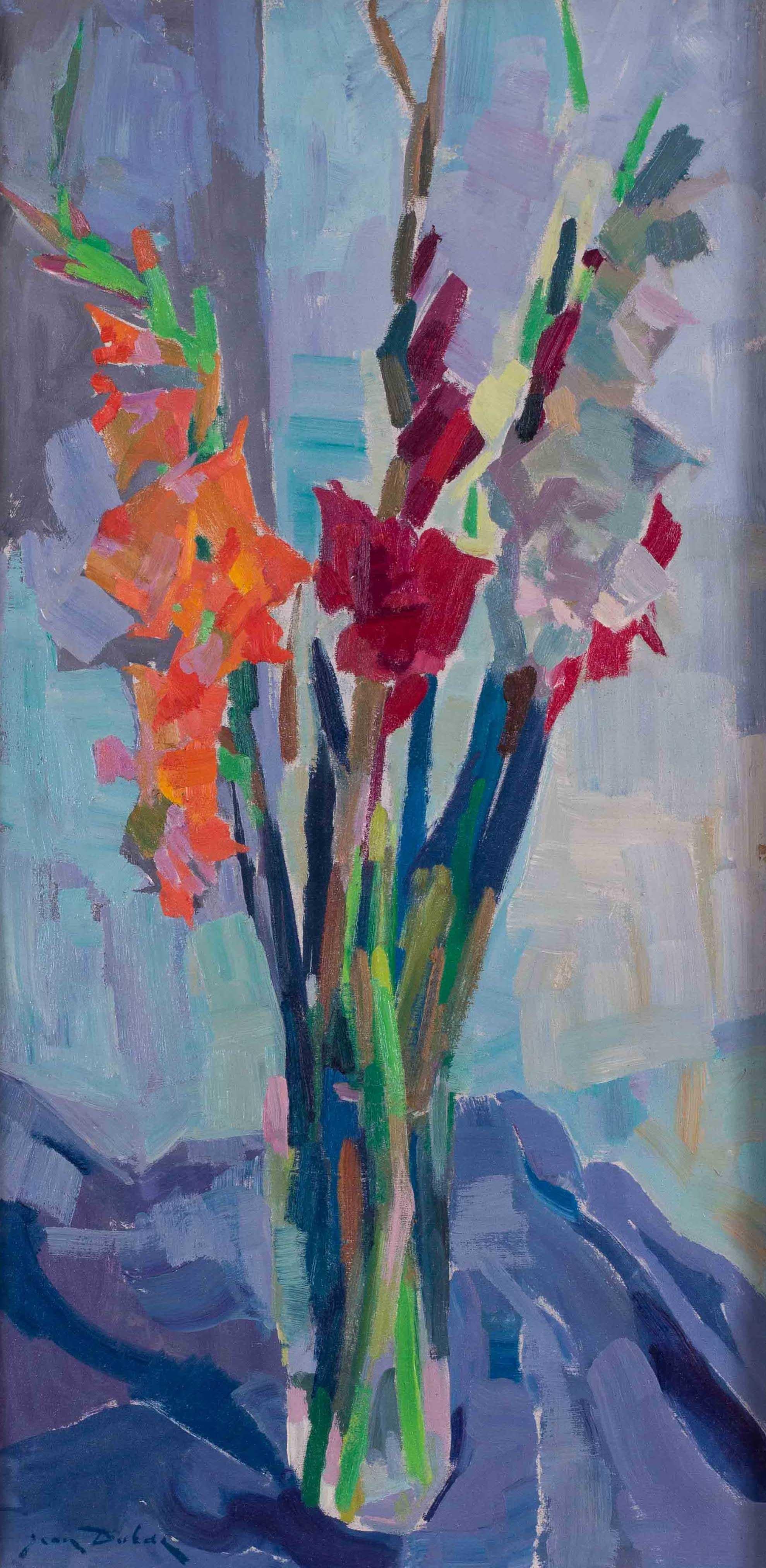 Postimpressionistisches französisches Stillleben mit einer Vase mit roten und orangefarbenen Gladiolen – Painting von Jean Dulac