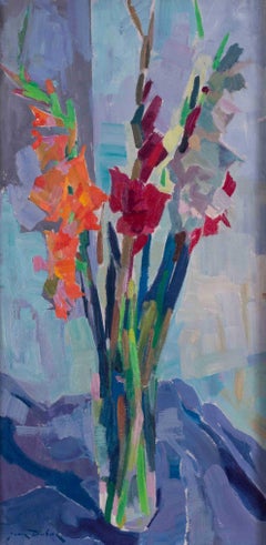 Post Impressionist French still life painting of vase of red and orange gladioli
