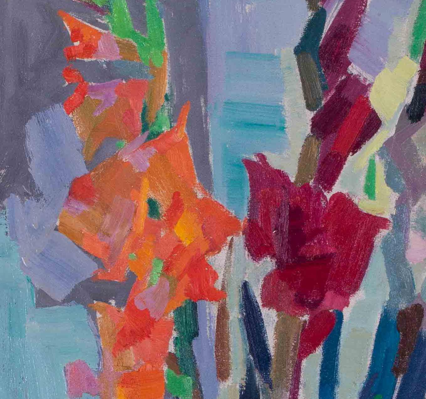 This stunning original Post-Impressionist oil painting features a vibrant vase of red and orange gladioli. The bold, broad brushstrokes contribute to the excitement of the piece, while the juxtaposition of strong red and orange tones creates a