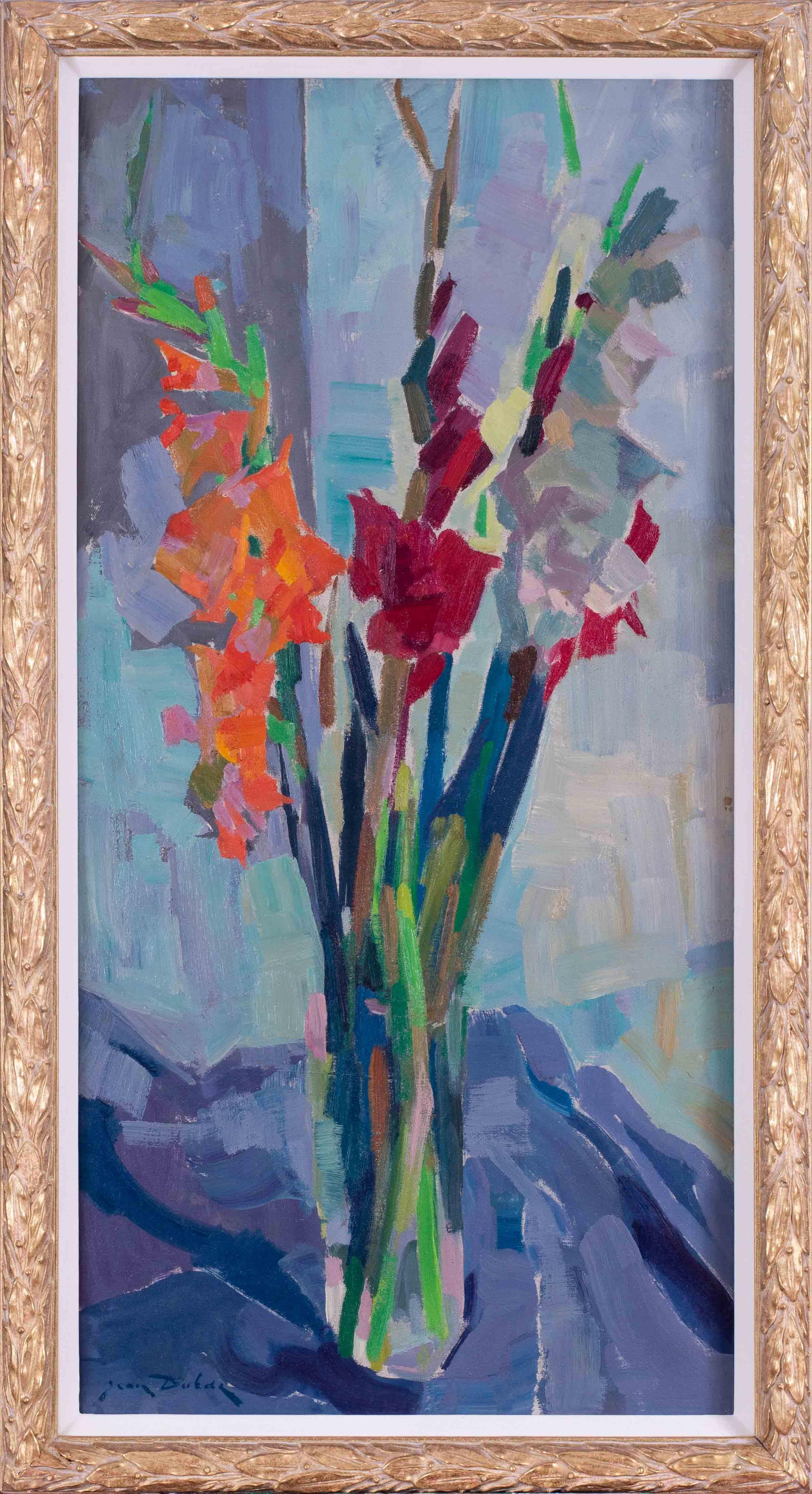 Jean Dulac Still-Life Painting – Postimpressionistisches französisches Stillleben mit einer Vase mit roten und orangefarbenen Gladiolen
