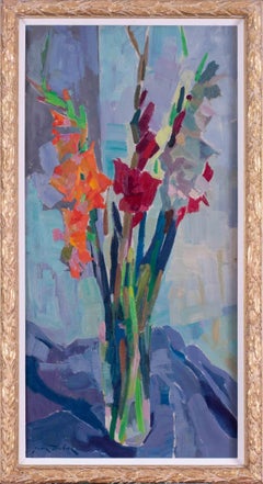Postimpressionistisches französisches Stillleben mit einer Vase mit roten und orangefarbenen Gladiolen