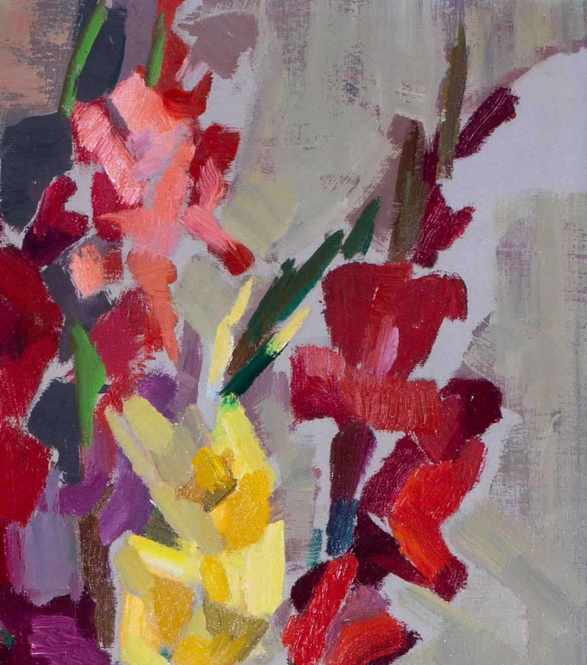 Post Impressionist French still life painting of vase of red and yellow gladioli For Sale 2