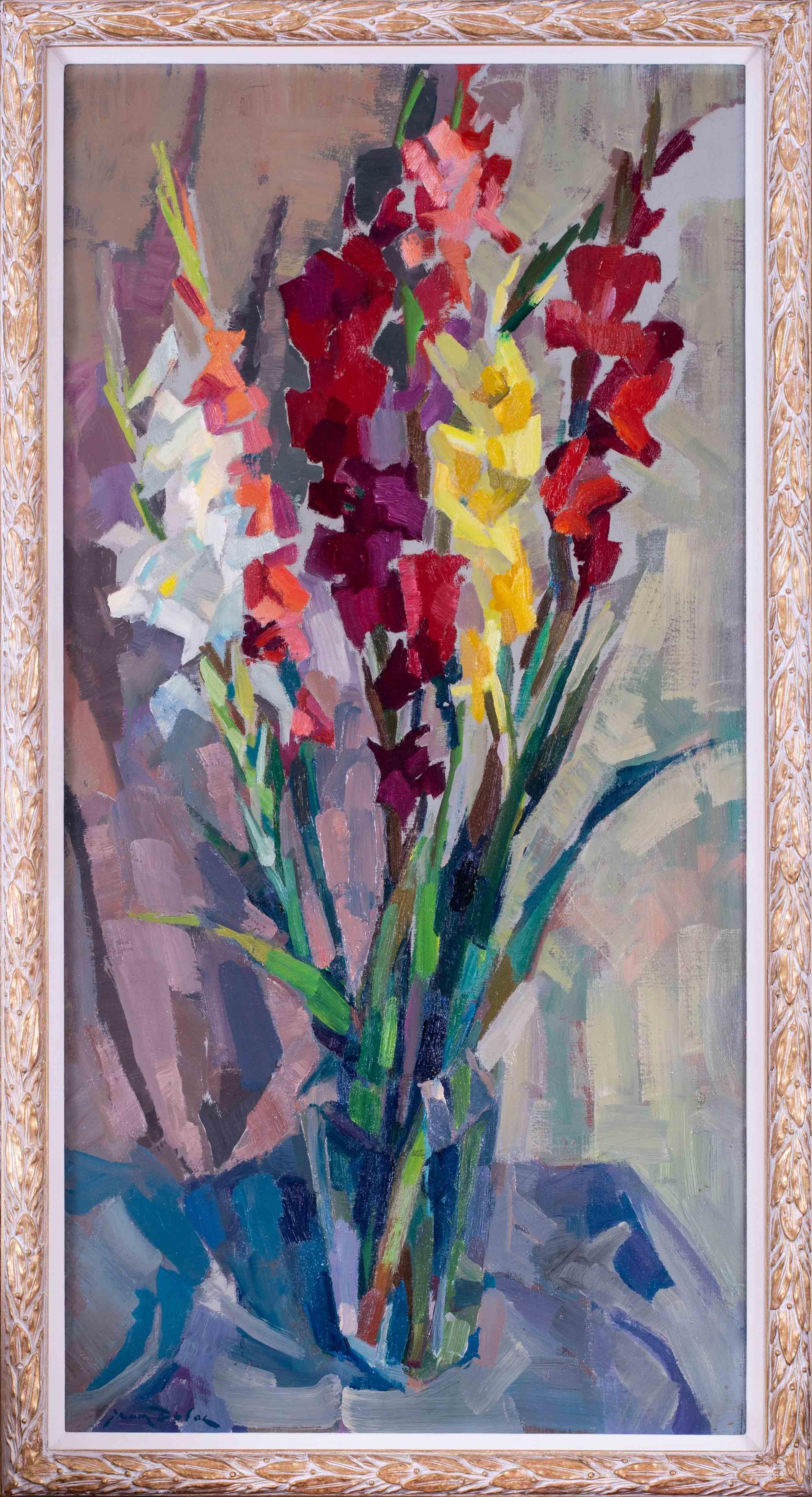 Jean Dulac Still-Life Painting – Postimpressionistisches französisches Stillleben mit einer Vase mit roten und gelben Gladiolen
