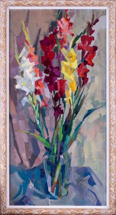Post Impressionist French still life painting of vase of red and yellow gladioli