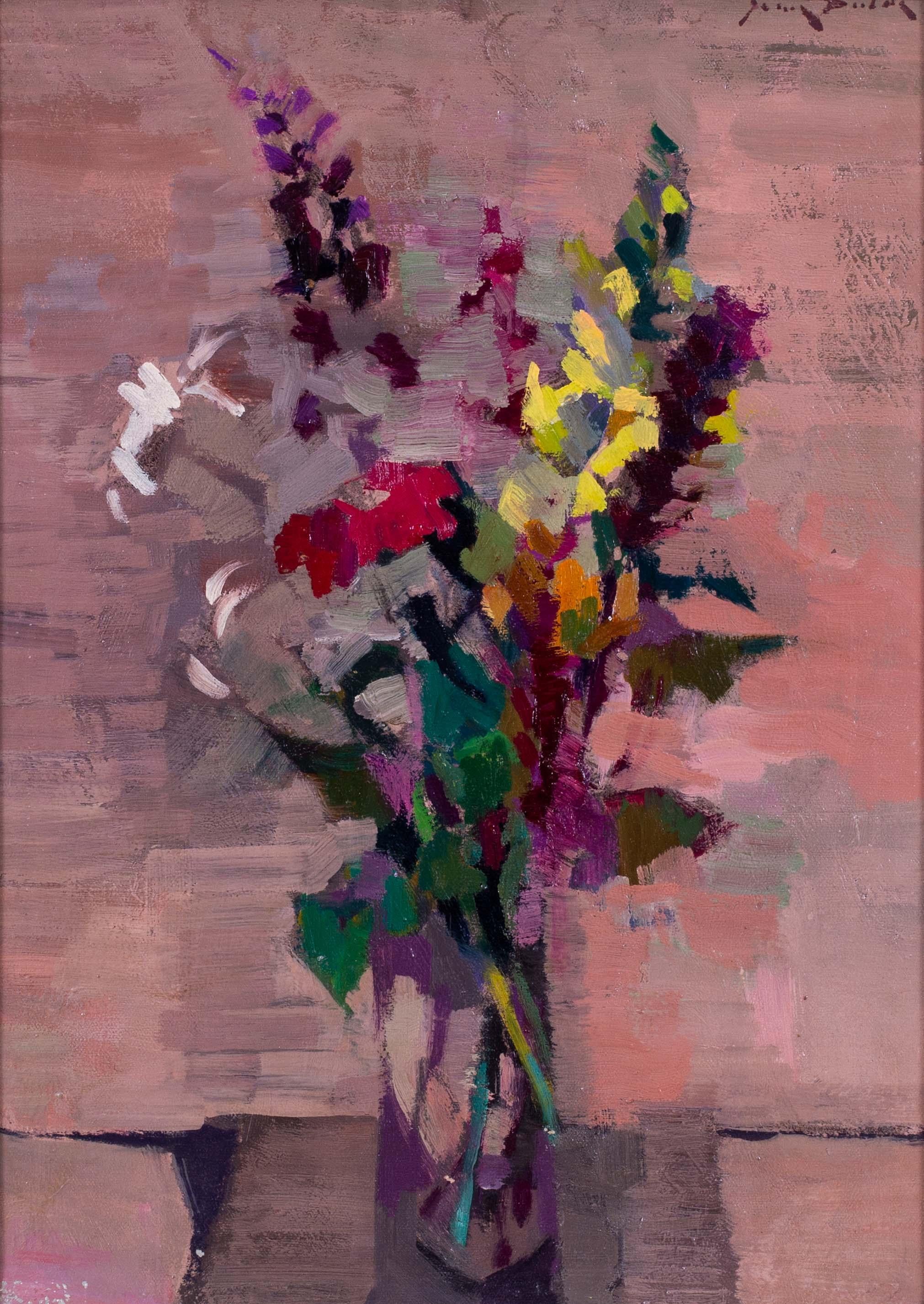 Postimpressionistische Vase aus leuchtend farbenfrohen Blumen mit einer Rose von Jean Dulac im Angebot 1