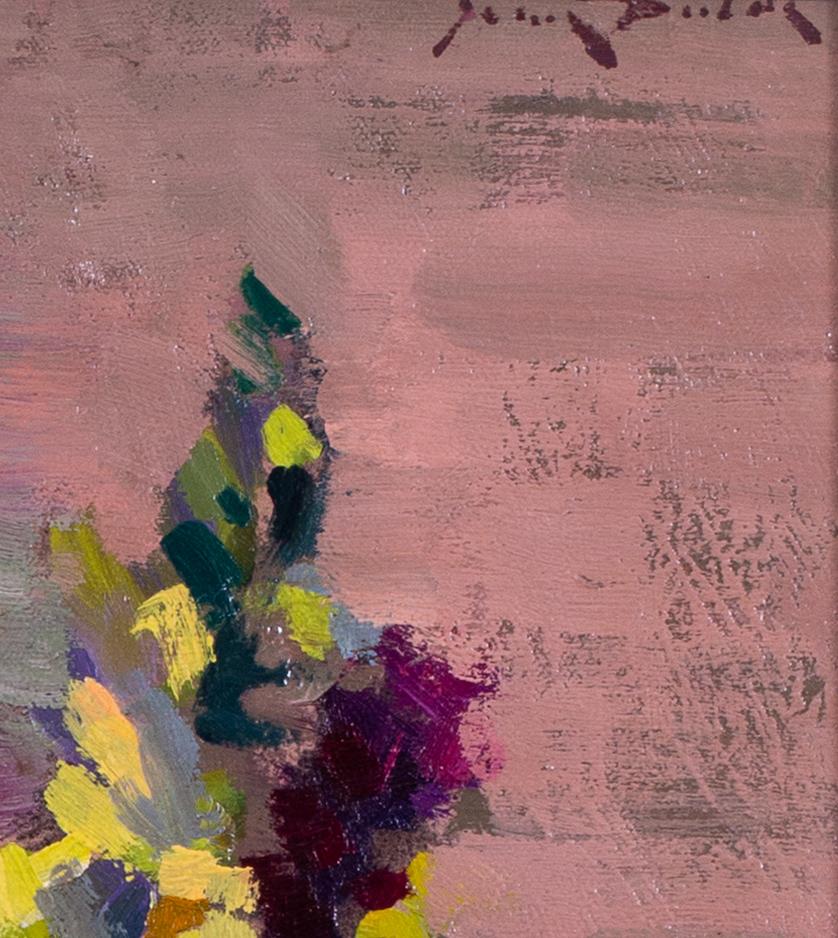 Postimpressionistische Vase aus leuchtend farbenfrohen Blumen mit einer Rose von Jean Dulac im Angebot 2