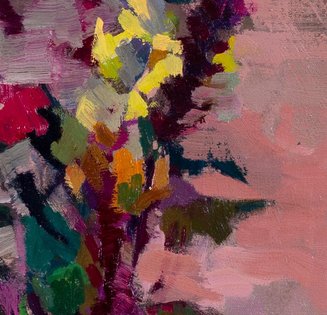 Postimpressionistische Vase aus leuchtend farbenfrohen Blumen mit einer Rose von Jean Dulac im Angebot 4