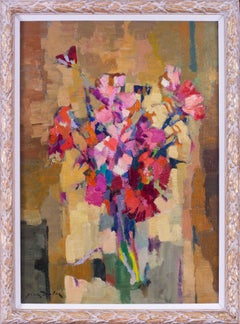 Vintage Post Impressionist vase of flowers against a gold background by Jean Dulac