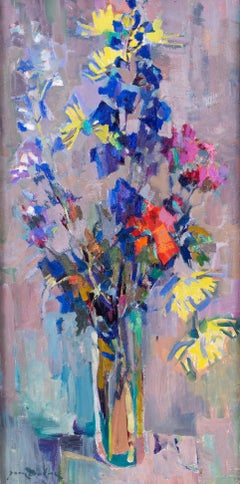 Post Impressionist vase of flowers with blues and mauves by Jean Dulac