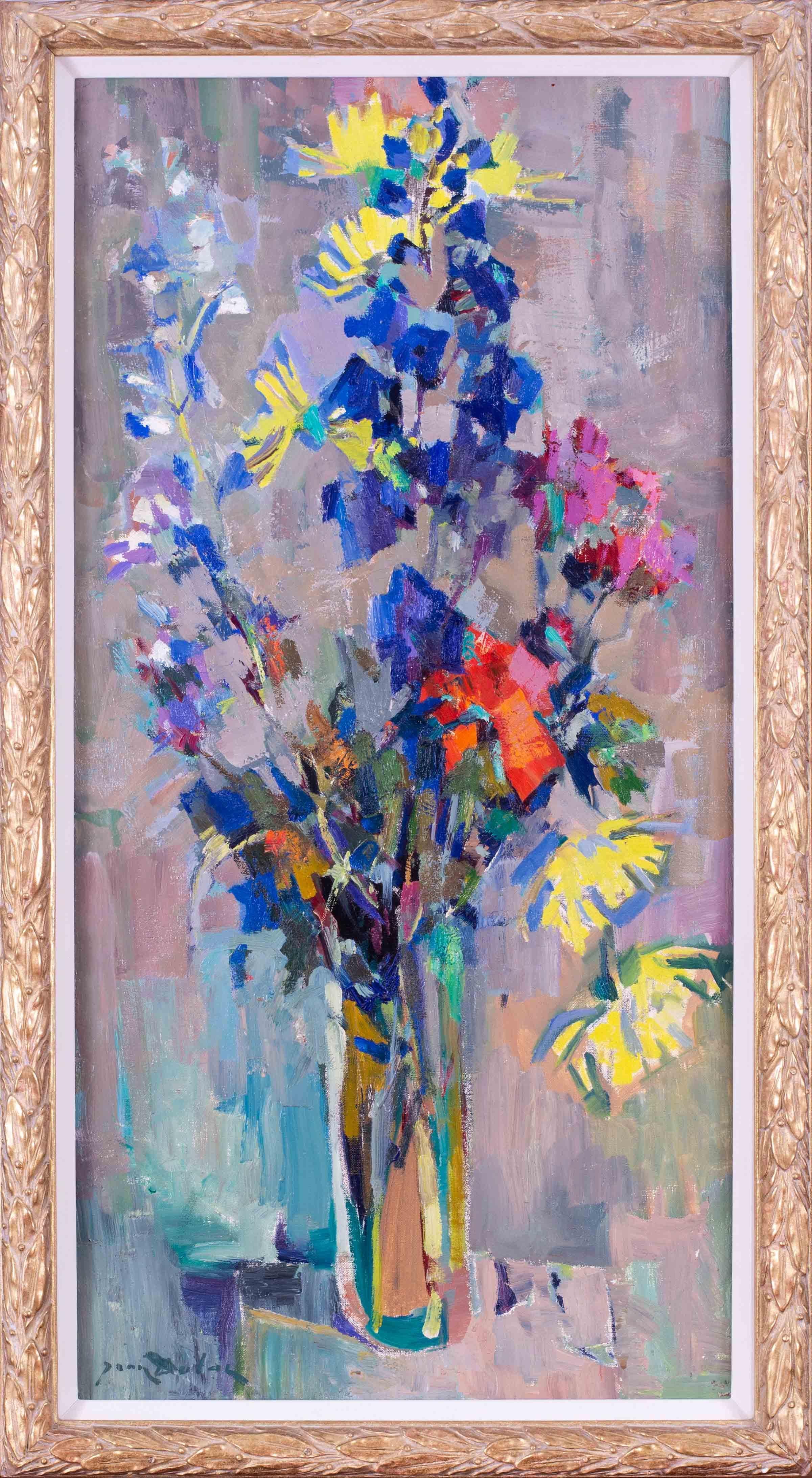 Post Impressionist vase of flowers with blues and mauves by Jean Dulac