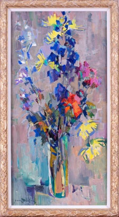 Post Impressionist vase of flowers with blues and mauves by Jean Dulac