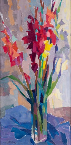 Post Impressionist vase of red and yellow gladioli by Jean Dulac